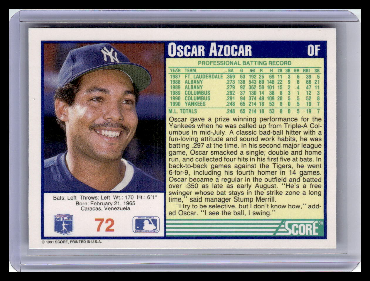 1991 Score Oscar Azocar Border #72