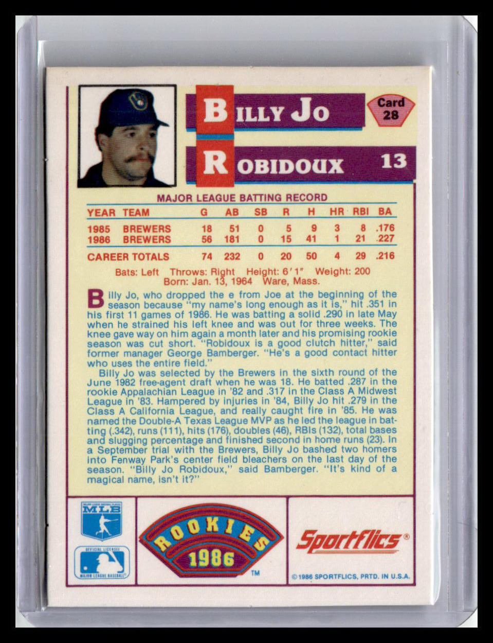 1986 Sportflics Rookies Billy Jo Robidoux #28