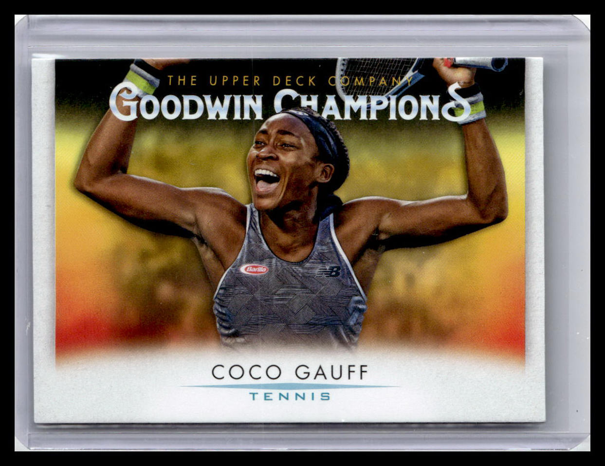 Trading card of Coco Gauff with a tennis racket, featuring 'Goodwin Champions' branding.