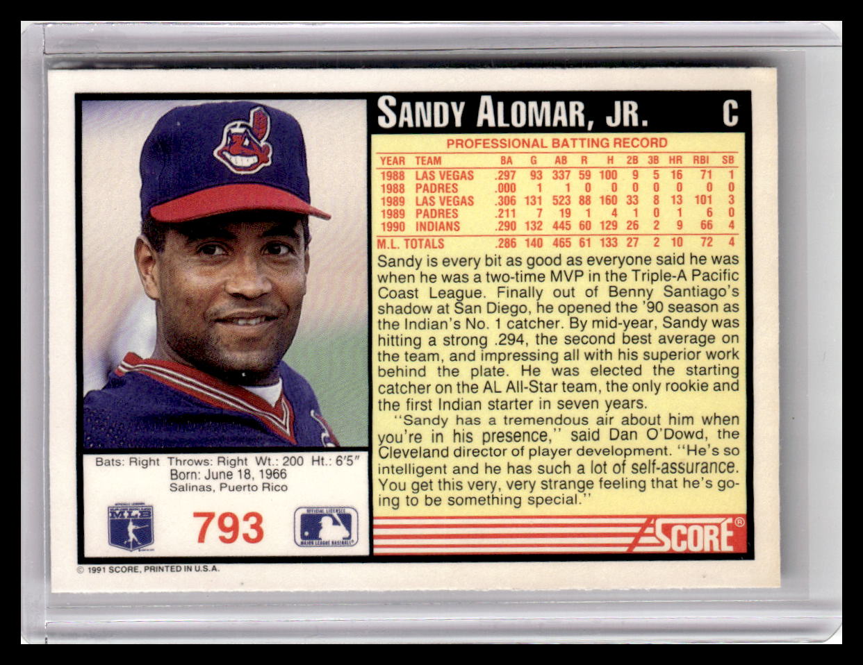 1991 Score Sandy Alomar Jr. Black Border #793