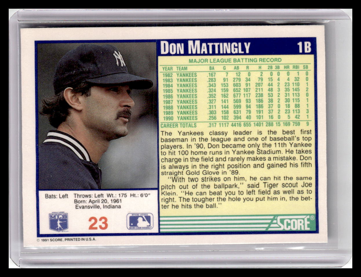 Baseball trading card of Don Mattingly with player photo and statistics on a white background