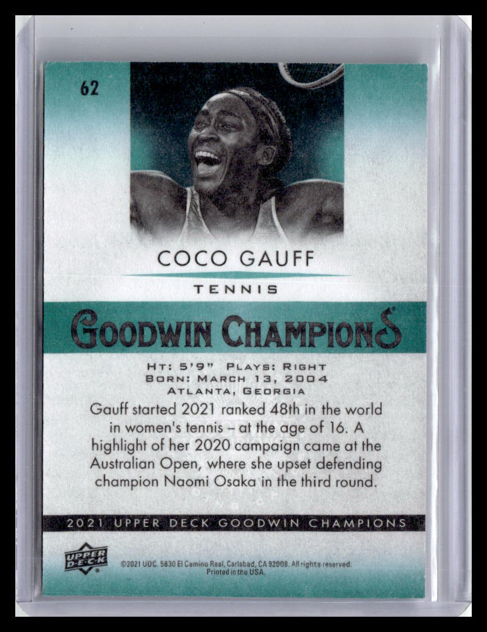 Coco Gauff tennis trading card with player information and branding