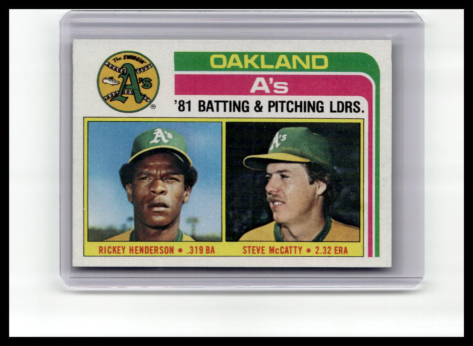 Baseball trading card featuring Rickey Henderson and Steve McCatty of the Oakland Athletics, with team logo and player statistics.