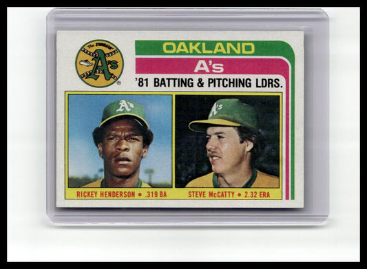 Baseball trading card featuring Rickey Henderson and Steve McCatty of the Oakland Athletics, with team logo and player statistics.