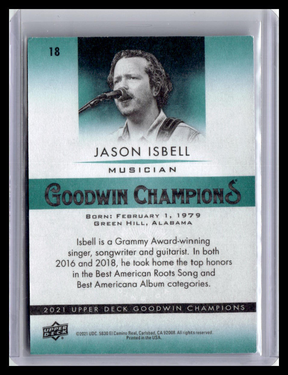 Trading card of Jason Isbell, a musician from Goodwin Champions, with a portrait and biographical details.