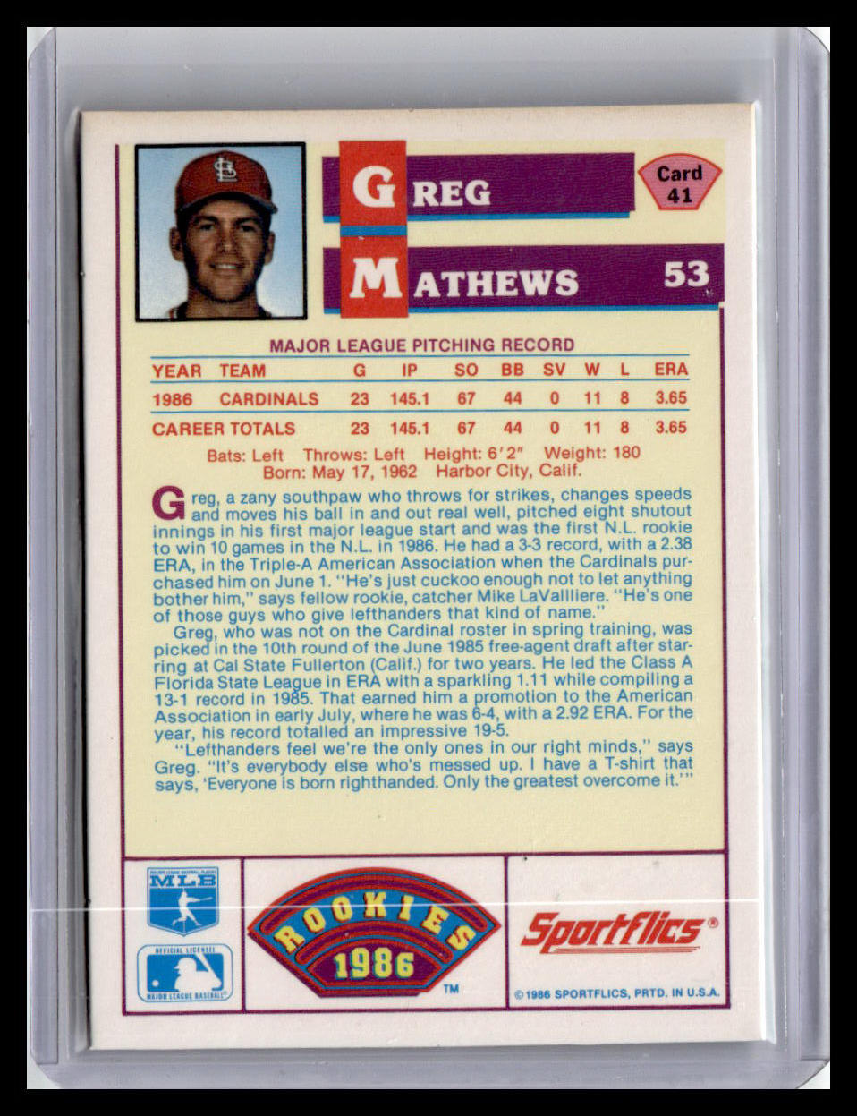 1986 Sportflics Rookies Greg Mathews #41