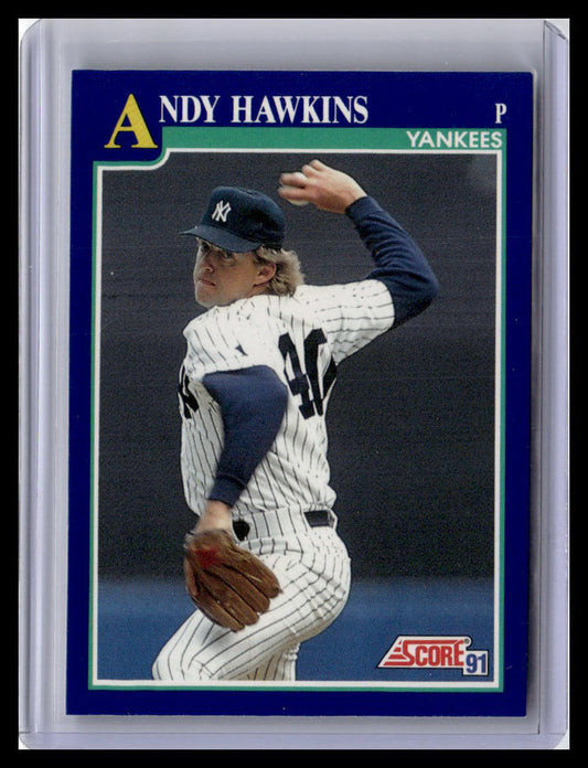 Baseball trading card of Andy Hawkins in a Yankees uniform, encased in a protective sleeve.