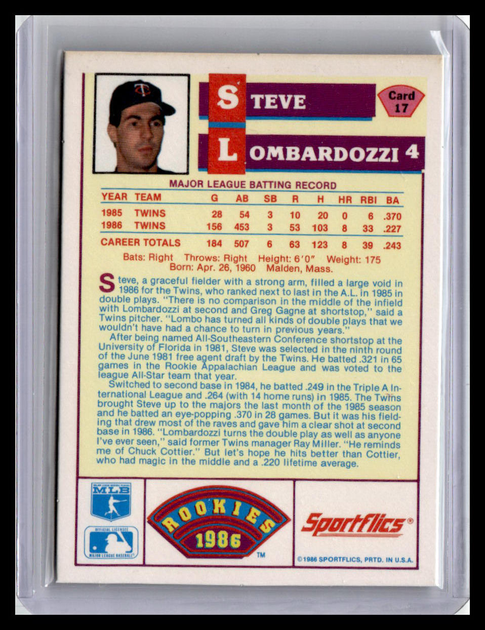 1986 Sportflics Rookies Steve Lombardozzi #17