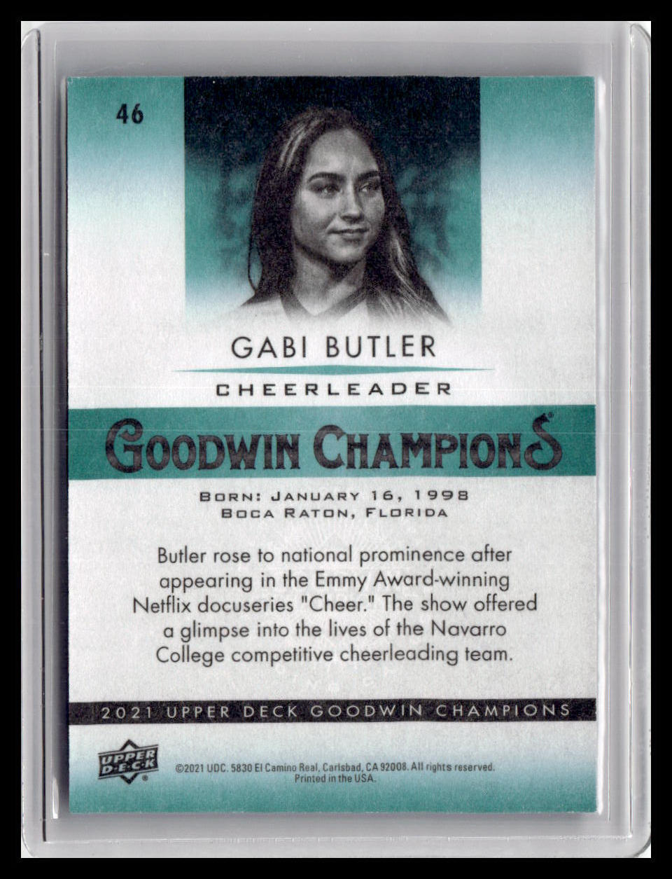 Trading card of Gabi Butler, a cheerleader from Goodwin Champions, with a portrait and biography.