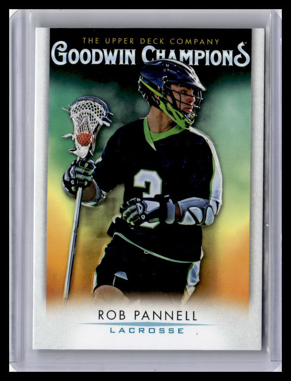 Lacrosse trading card featuring a player with the number 2, held in a protective case.