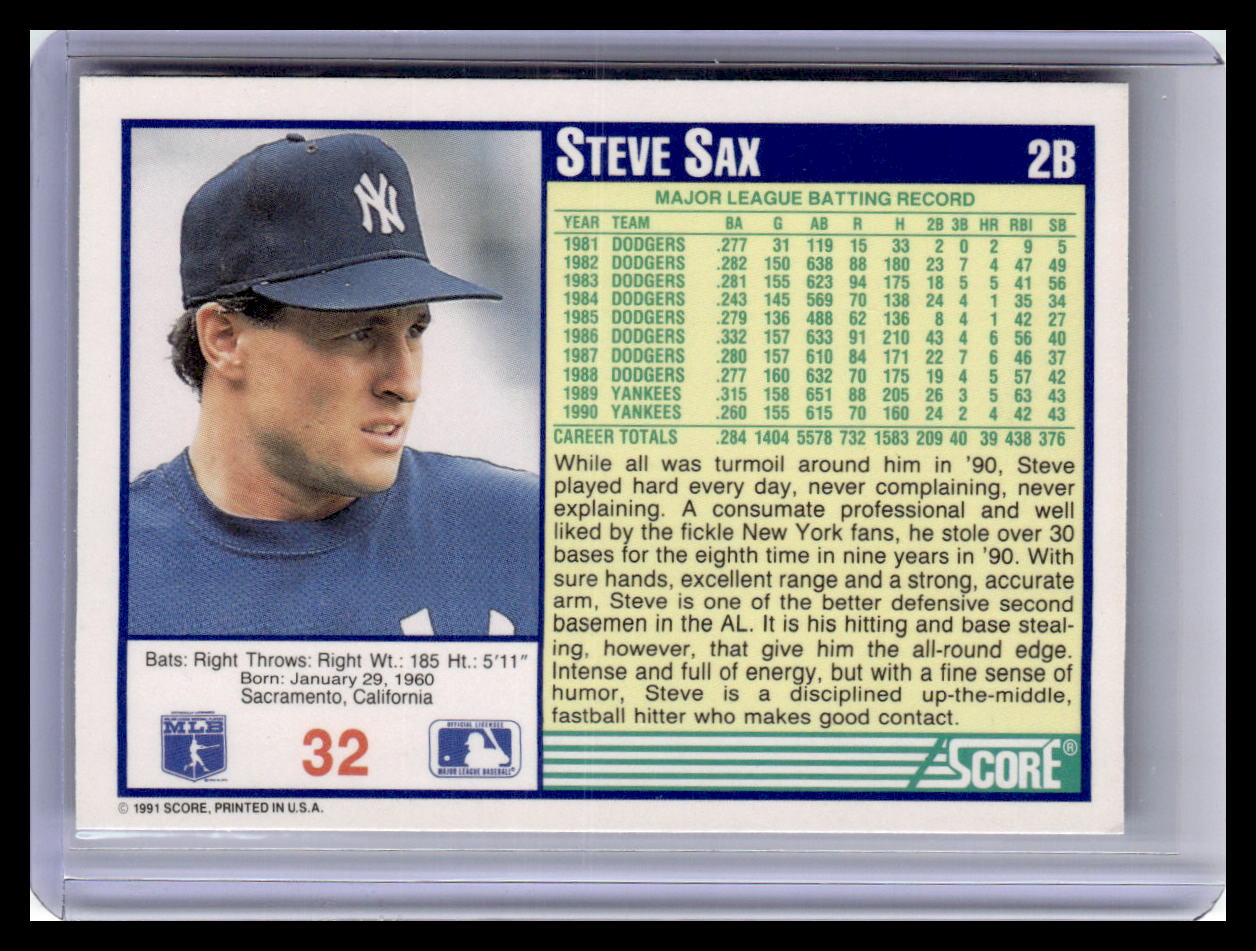 1991 Score Steve Sax Blue Border #32