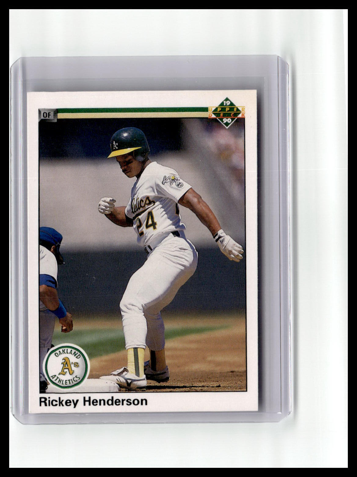 Baseball trading card of Rickey Henderson in a protective case