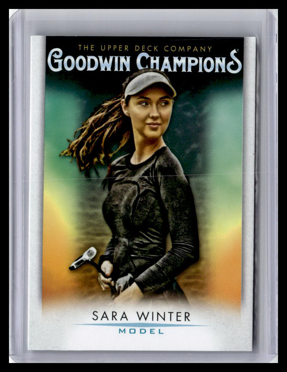 Trading card featuring Sara Winter with a sports theme, framed by 'Goodwin Champions' branding.