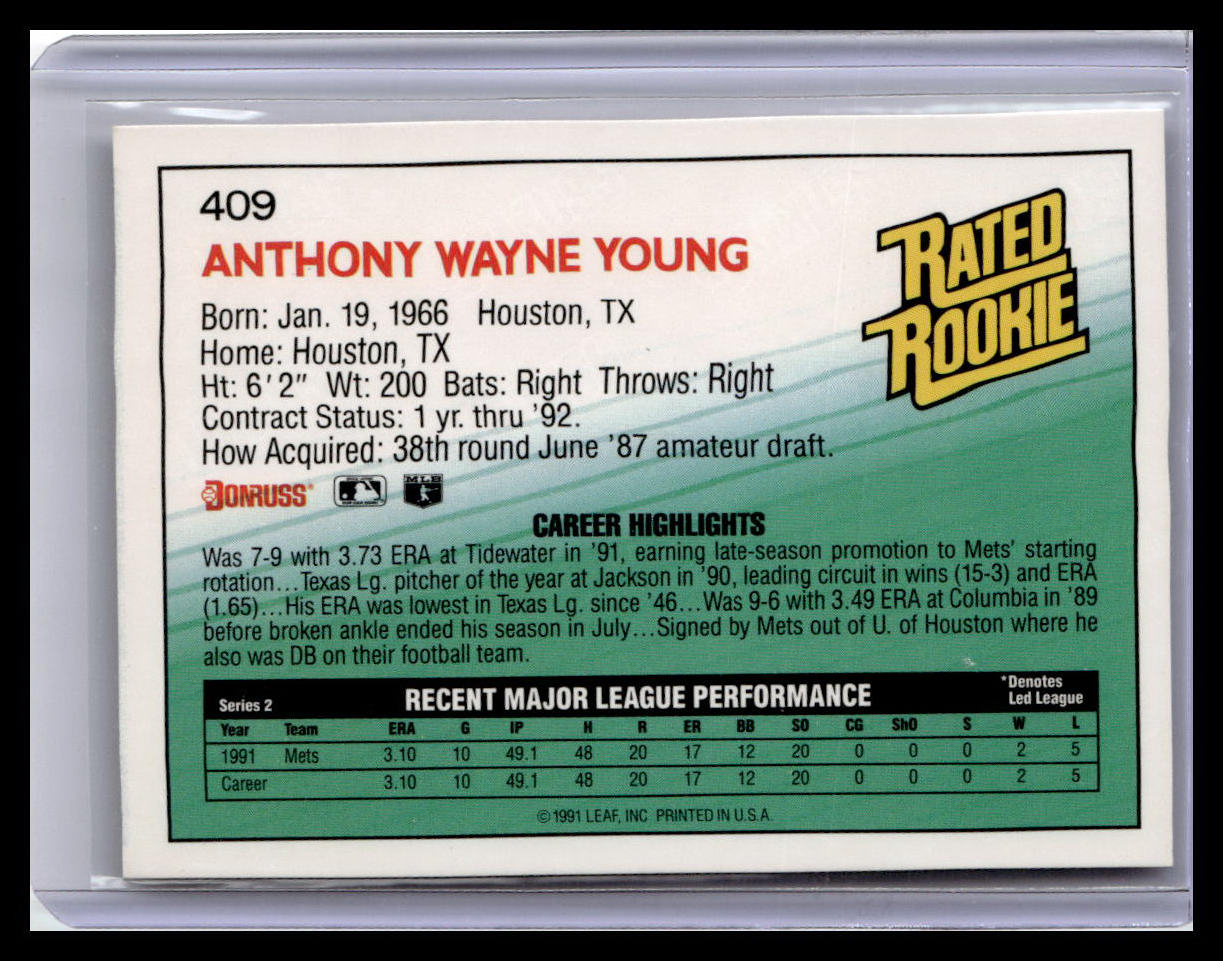 1992 Donruss Anthony Young Rated Rookie #409