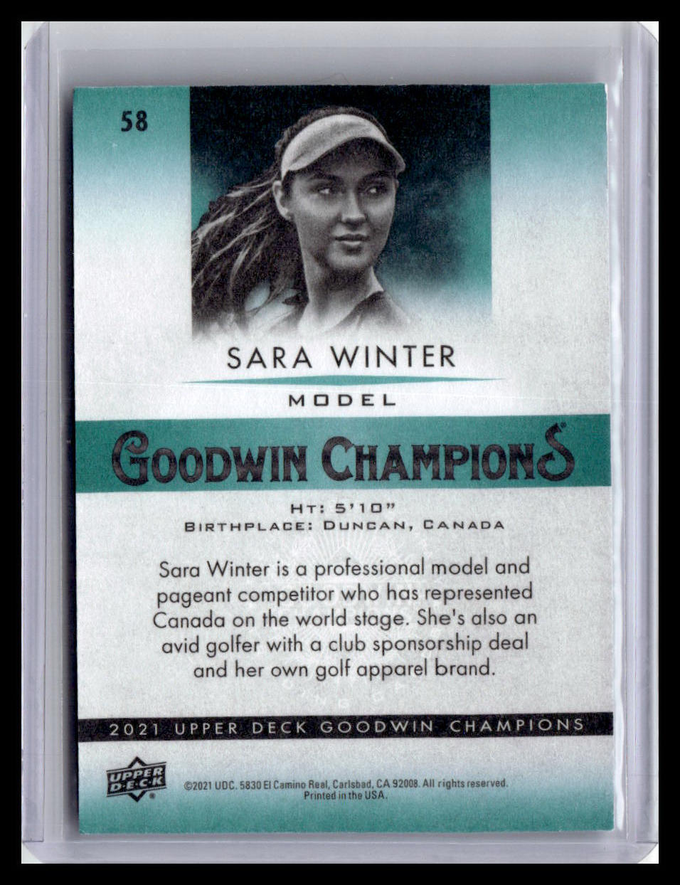 Trading card of Sara Winter, a professional model and pageant competitor, with details on a light blue background.