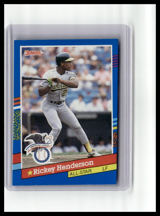 Baseball trading card of Rickey Henderson with a blue border and colorful accents.