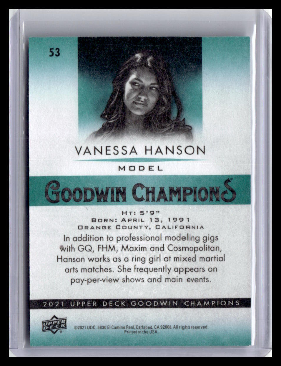 Trading card of Vanessa Hanson with biographical information and branding