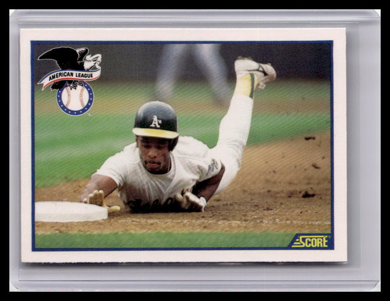Baseball trading card of a player sliding into a base, with 'American League' and 'Score' branding.