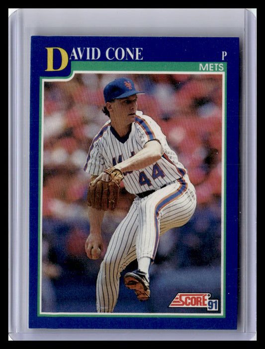 Baseball trading card of David Cone in a Mets uniform with a blue border.