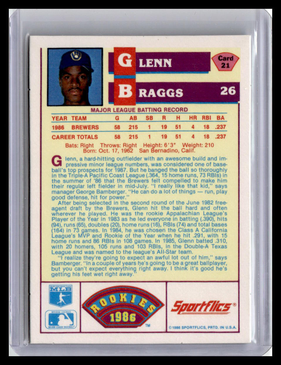 1986 Sportflics Rookies Glenn Braggs #21