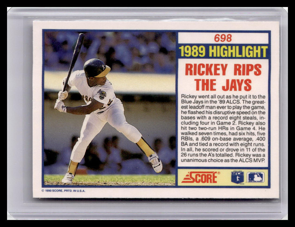 Baseball trading card featuring a player in action with text about a 1989 highlight.