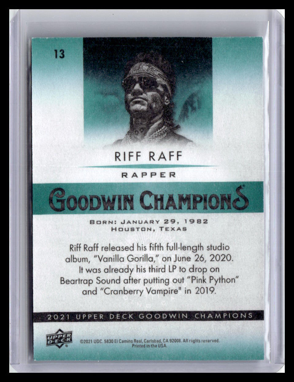 Trading card of Riff Raff featuring his name, occupation, and album release information.