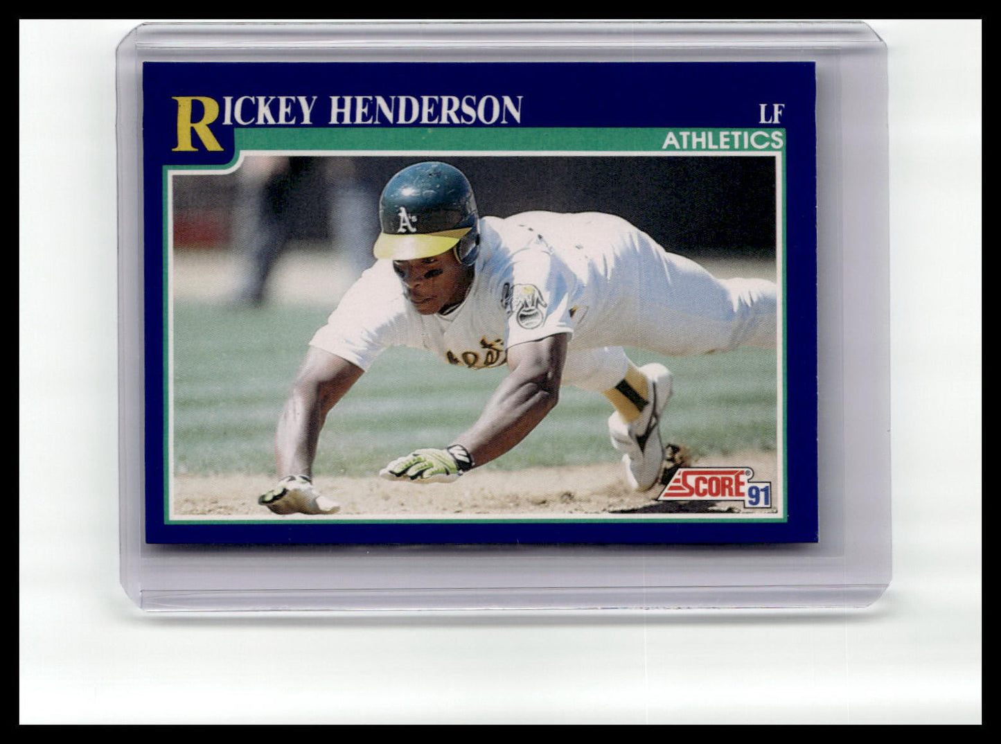 Baseball trading card of Rickey Henderson with a blue border and 'Athletics' logo.