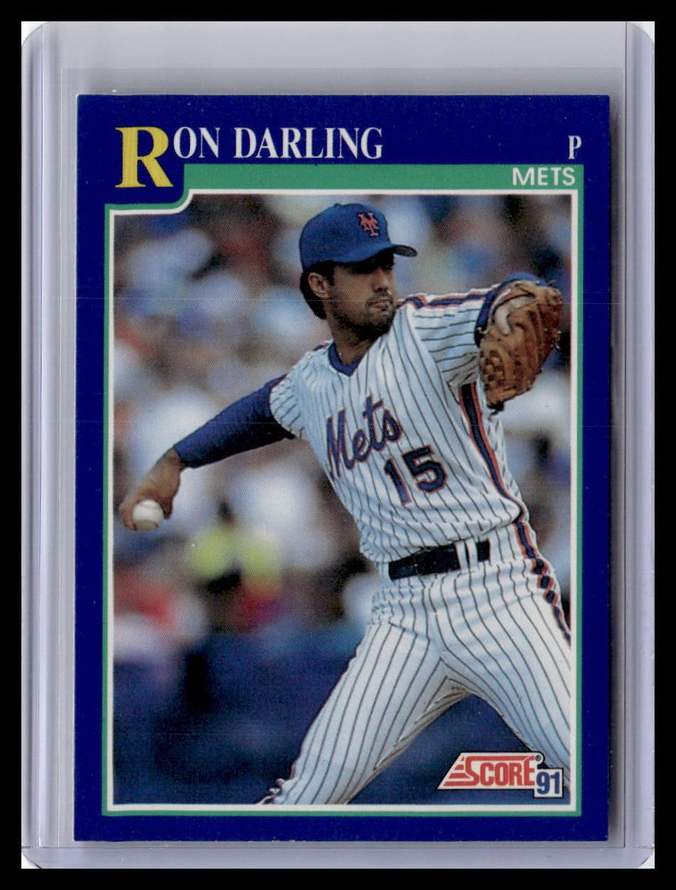 Baseball trading card of Ron Darling in a Mets uniform, held in a clear plastic sleeve.