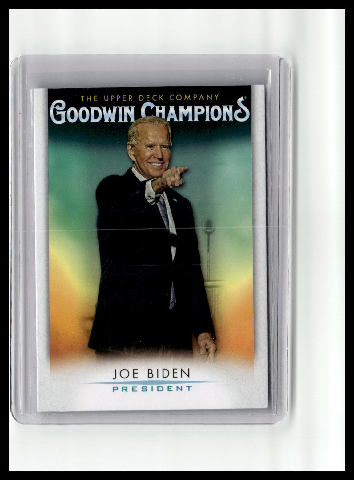 Trading card of Joe Biden with 'Goodwin Champions' branding on a white background