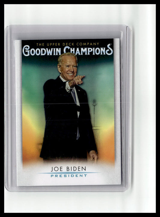 Trading card of Joe Biden with 'Goodwin Champions' branding on a white background
