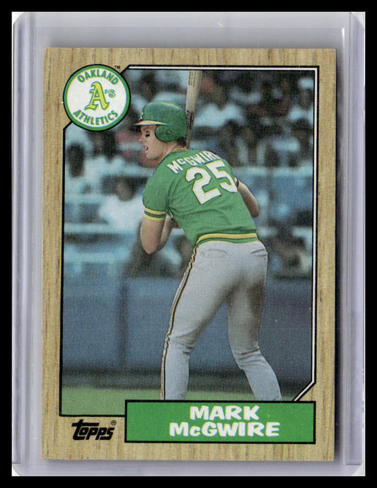 Baseball trading card of Mark McGwire in a green Oakland Athletics uniform