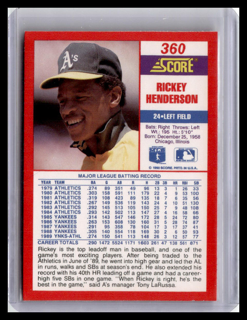 Baseball trading card of Rickey Henderson with a red border and Score logo.