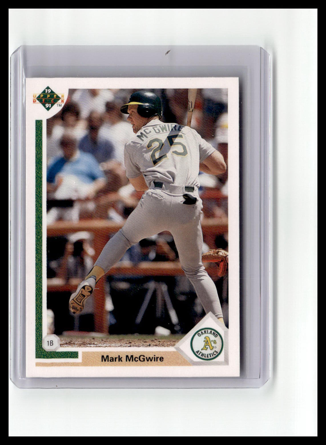 Baseball trading card of Mark McGwire in a display case