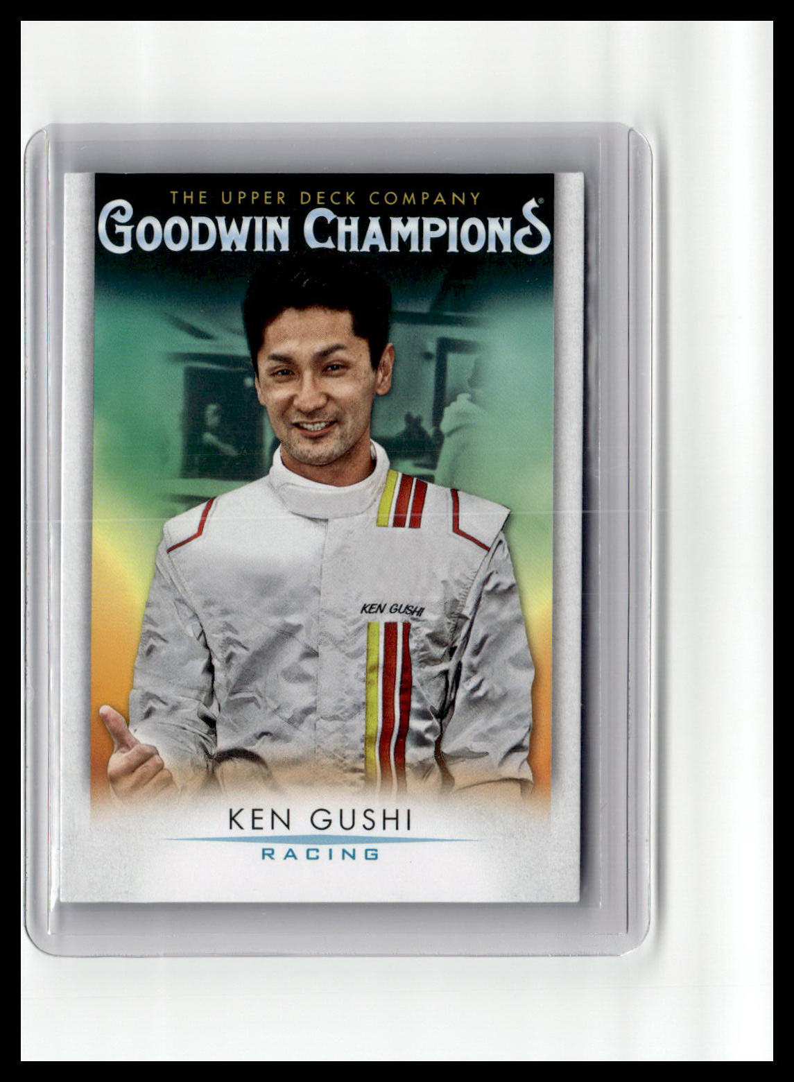 Trading card of Ken Gushi from Goodwin Champions with a racing theme.