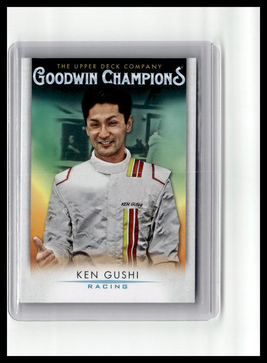 Trading card of Ken Gushi from Goodwin Champions with a racing theme.