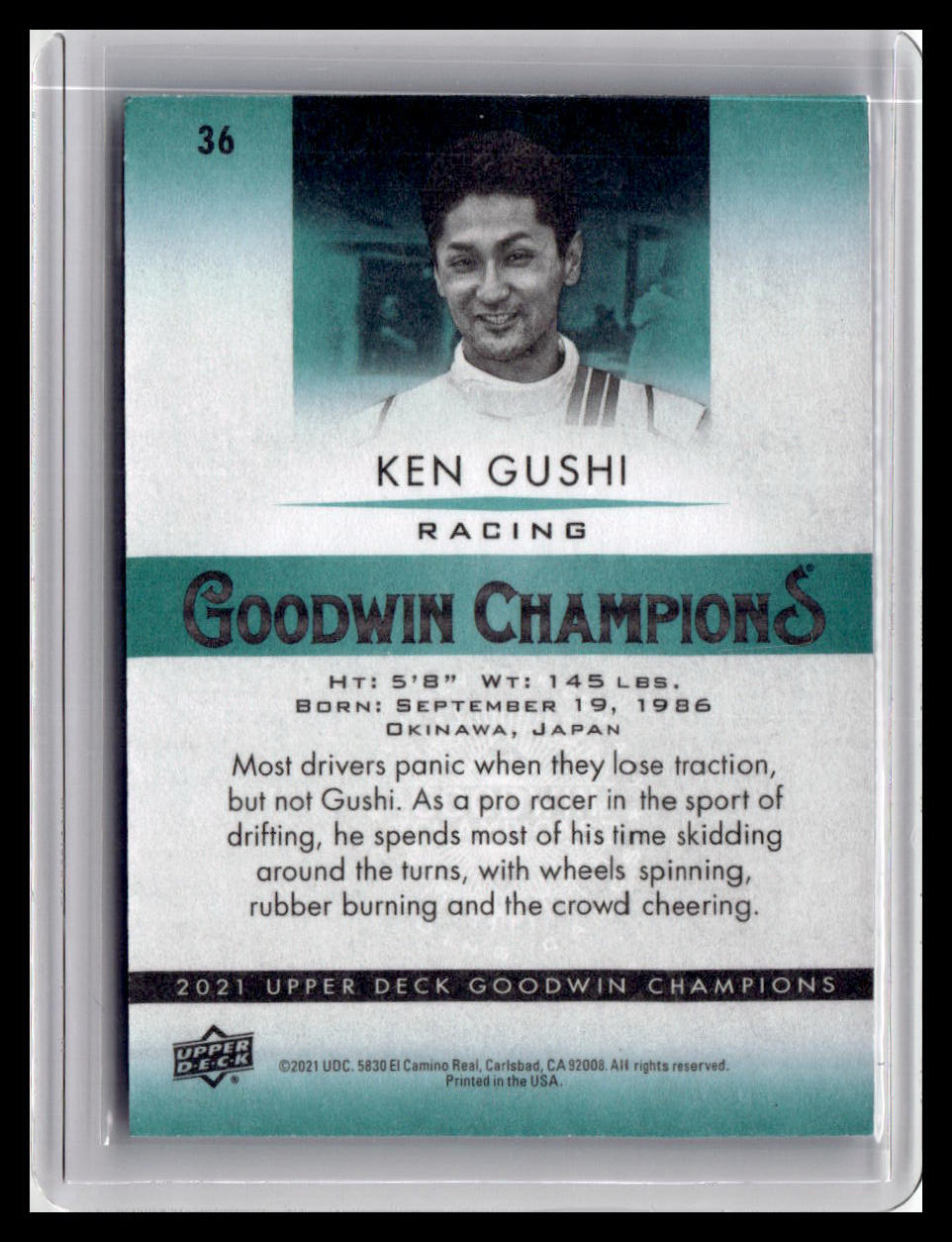 Trading card of Ken Gushi with racing details and Upper Deck Goodwin Champions branding.