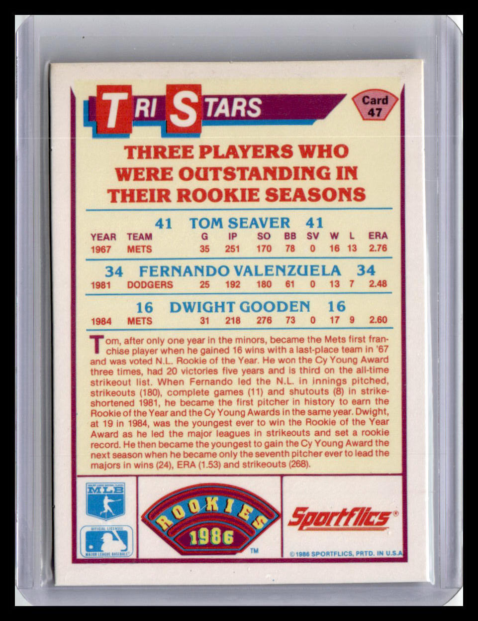 Baseball trading card featuring three standout rookies from the 1986 rookie class.
