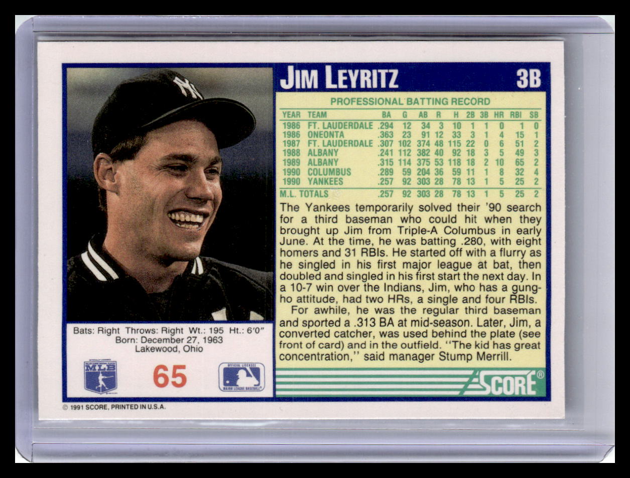 1991 Score Jim Leyritz Blue Border #65
