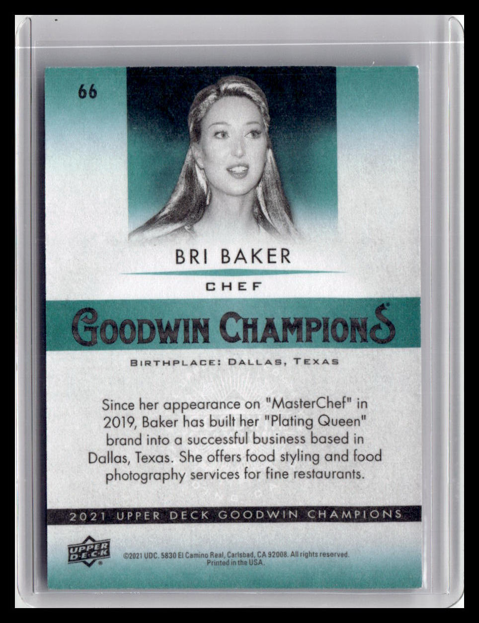 Trading card of Bri Baker, a chef from Goodwin Champions, with a portrait and biography.