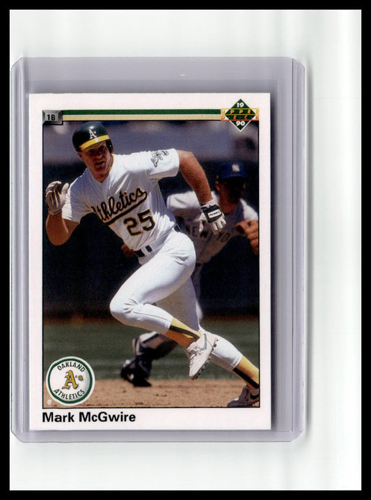 Baseball trading card of Mark McGwire in a white uniform with 'Athletics' on a white background