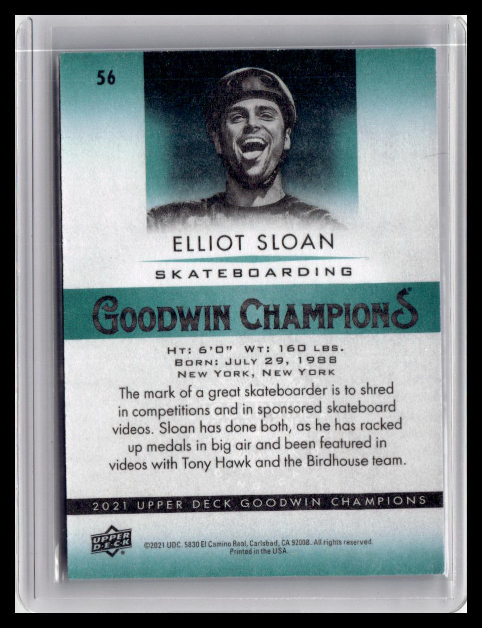 Trading card of Elliot Sloan from Goodwin Champions with player information and Upper Deck logo.