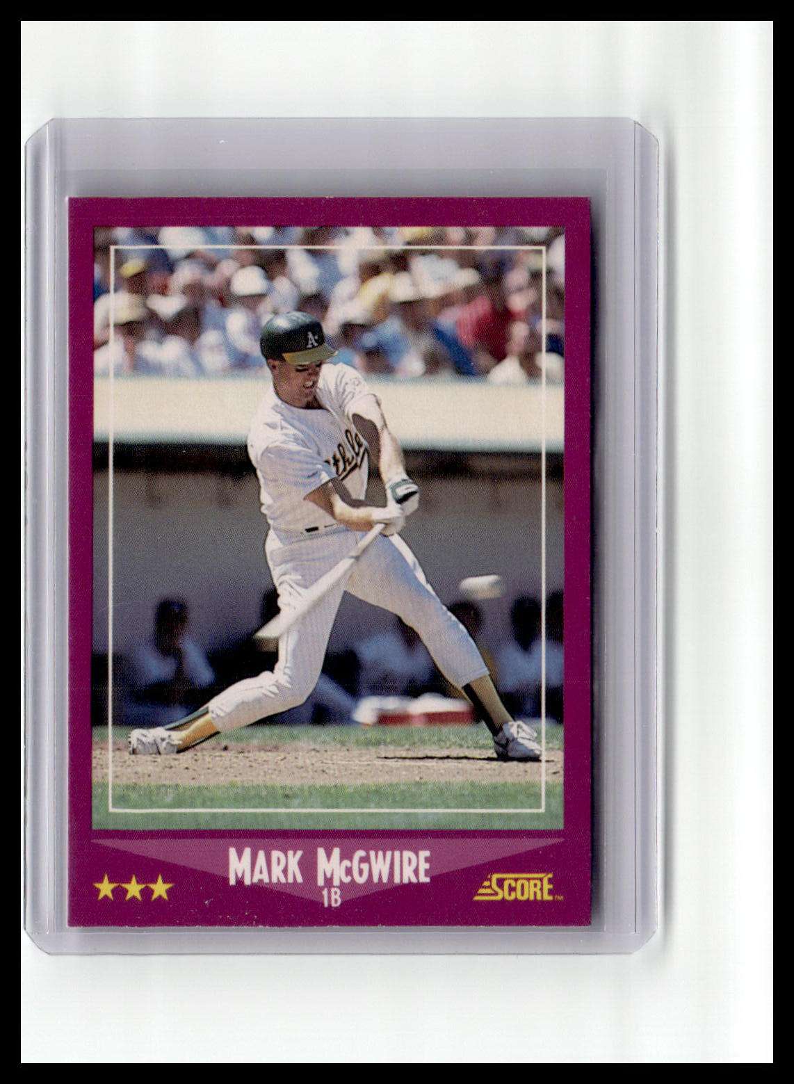Baseball trading card of Mark McGwire with a purple border and Score logo.