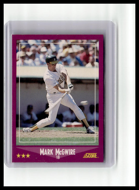 Baseball trading card of Mark McGwire with a purple border and Score logo.