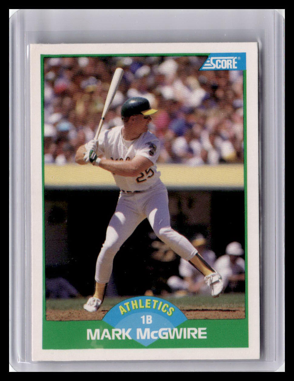 Baseball trading card of Mark McGwire in a batting pose with a crowd in the background