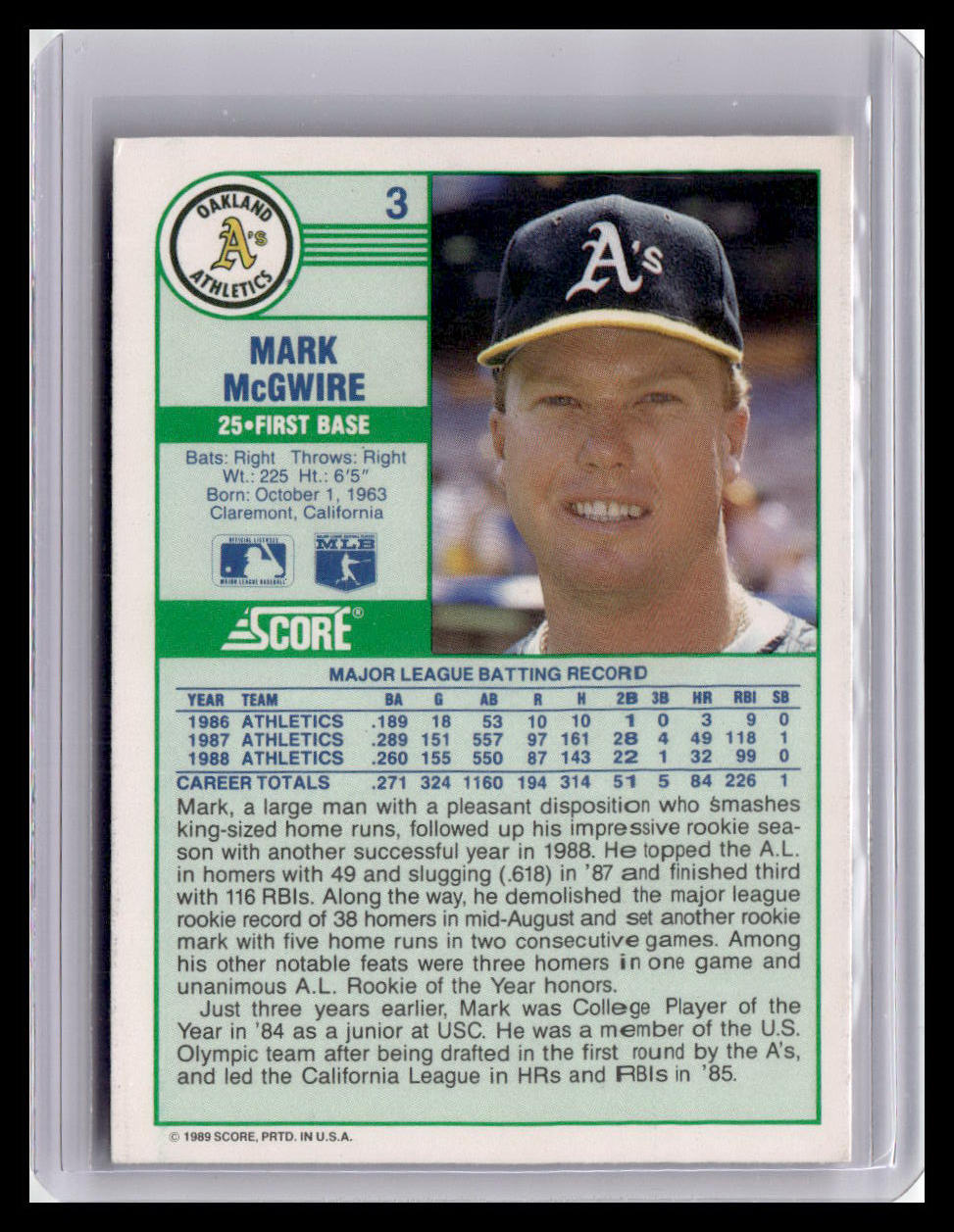 Baseball trading card of Mark McGwire with a green border and text