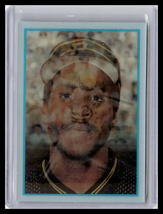 Baseball trading card of a player with a cap and jersey, encased in protective plastic.
