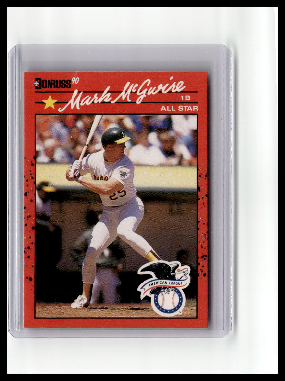 Baseball trading card of Mark McGwire in a red border with a player image and text.