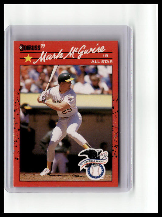 Baseball trading card of Mark McGwire in a red border with a player image and text.