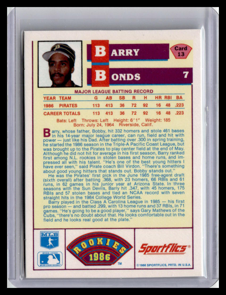 Baseball trading card featuring Barry Bonds with player information and logos.