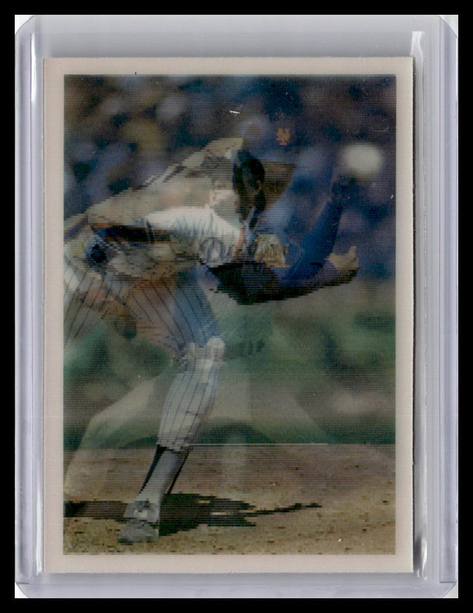 Baseball trading card of a player in mid-air over a field